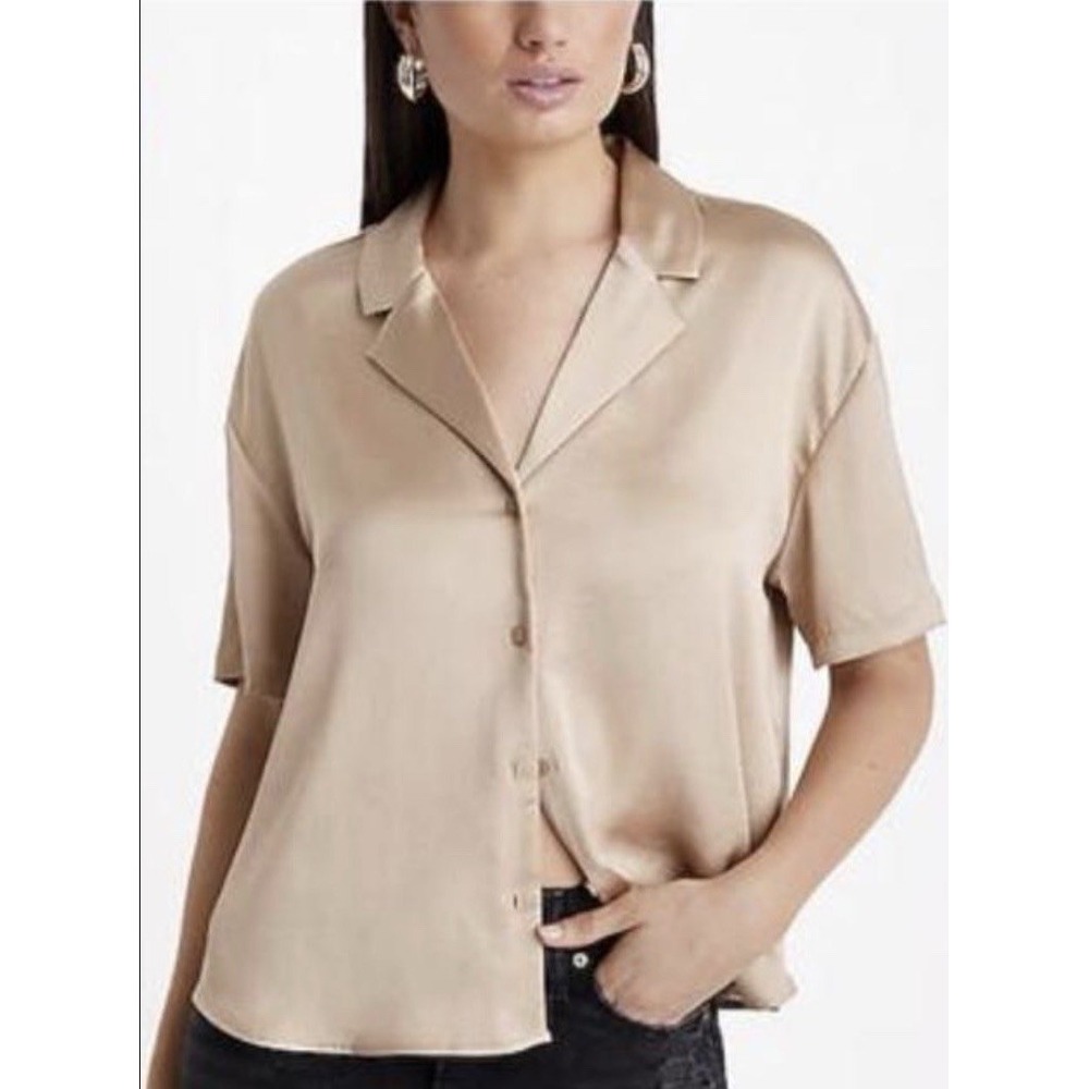 NWT Express Satin Short Sleeve Button Up Boxy Shirt Womens XL Tan Beige MSRP $54